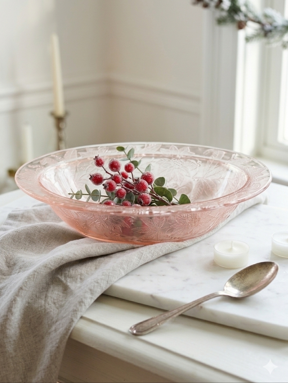 Jeannette Glass Pink Depression Glass Poinsettia Floral Oval Serving Bowl 9-Inch